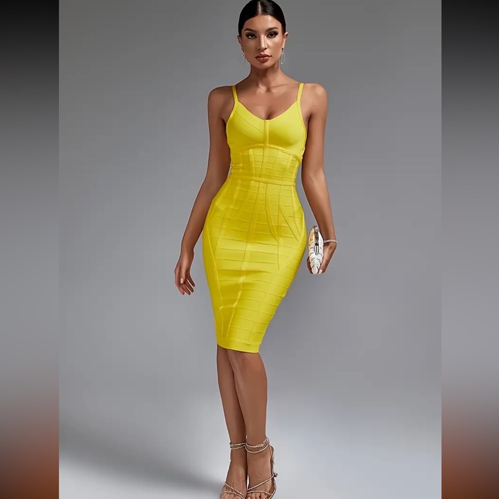 Elegant Yellow Bodycon Dress - Picture 2 of 10